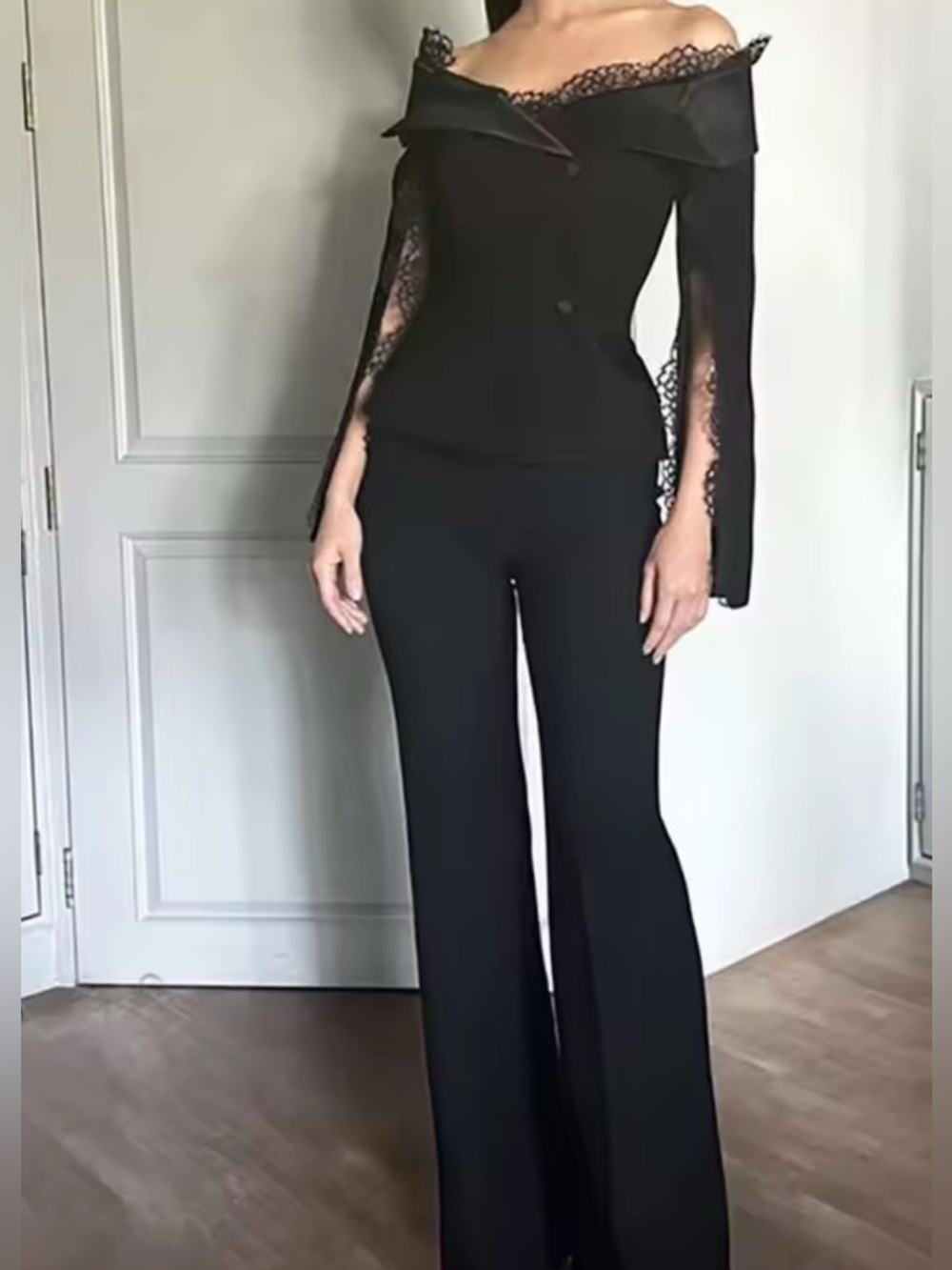NEW $495 Black Ophelia Off-Shoulder Lace-Trim Two Piece Set Pantsuit